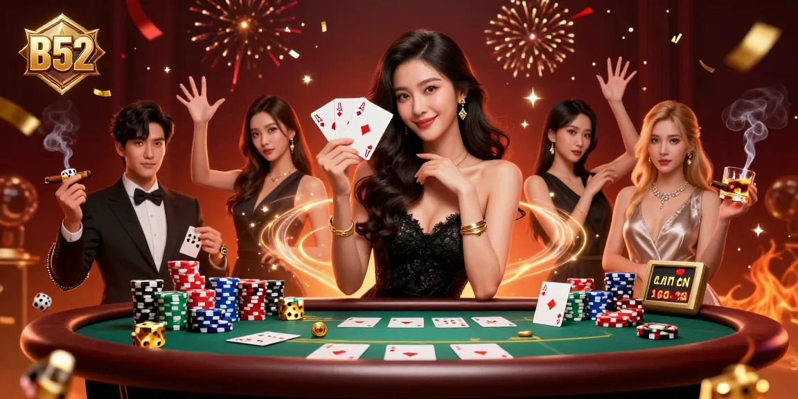 Engage with B52 as an elegant woman showcases her poker hand in a vibrant casino scene.