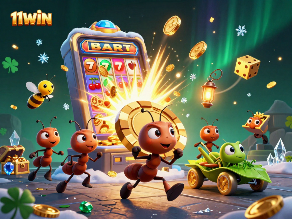 Engage with 11WIN's thrilling casino world featuring playful ants on a heist adventure.