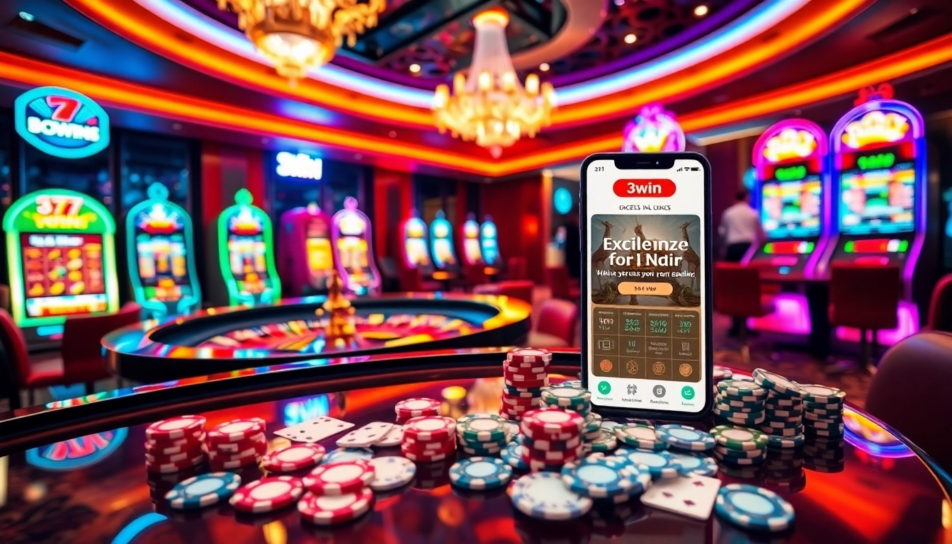 Players engaging with the 3win app amidst a lively casino backdrop, showcasing excitement.
