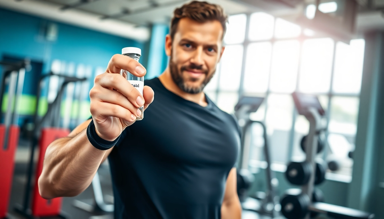 Decabal Nandrolone Decanoate in de handen van een fitness trainer in een moderne sportschool.