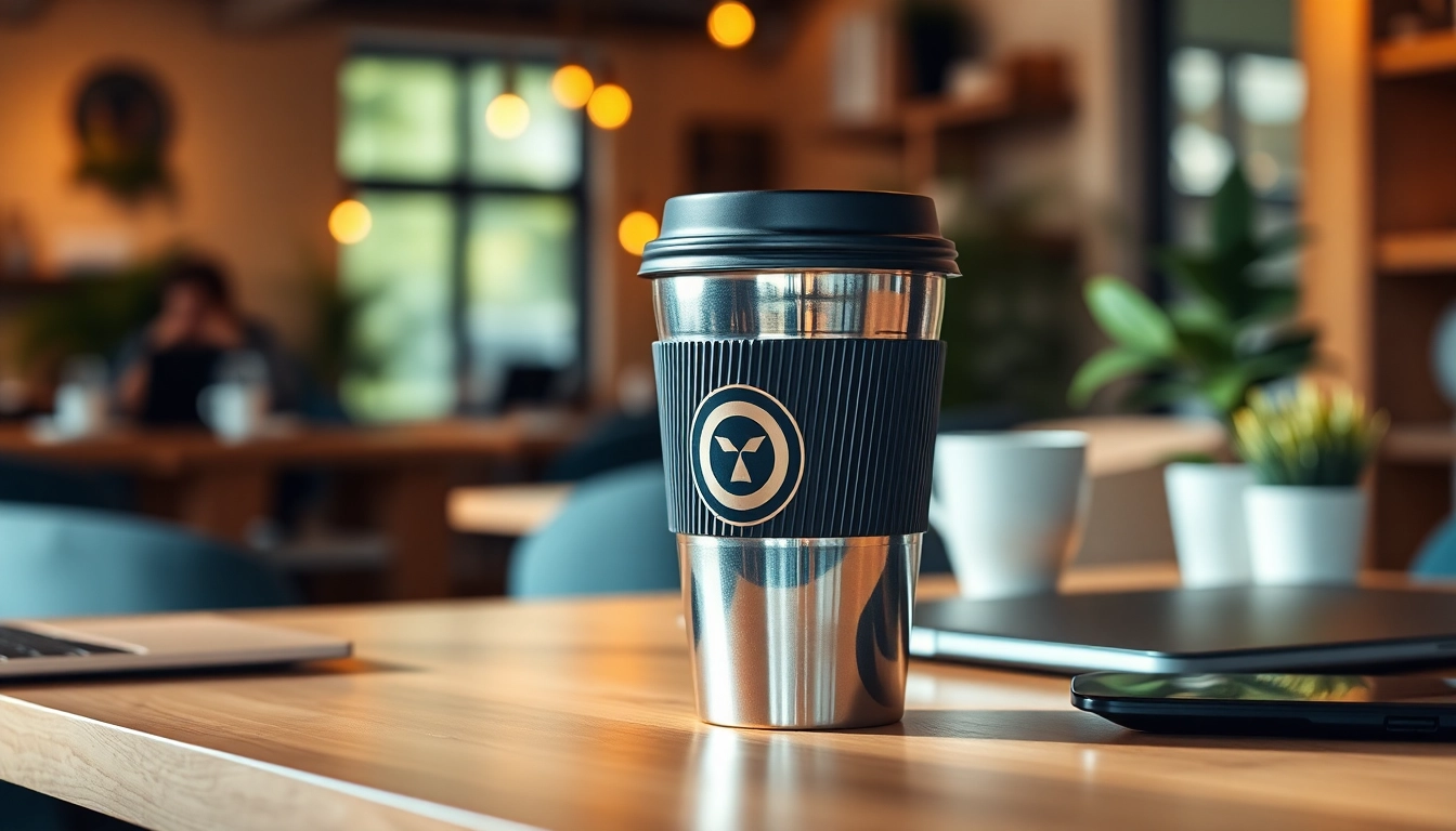 Koffie-to-go beker bedrukken weergegeven op een elegant bureau in een moderne kantooromgeving.