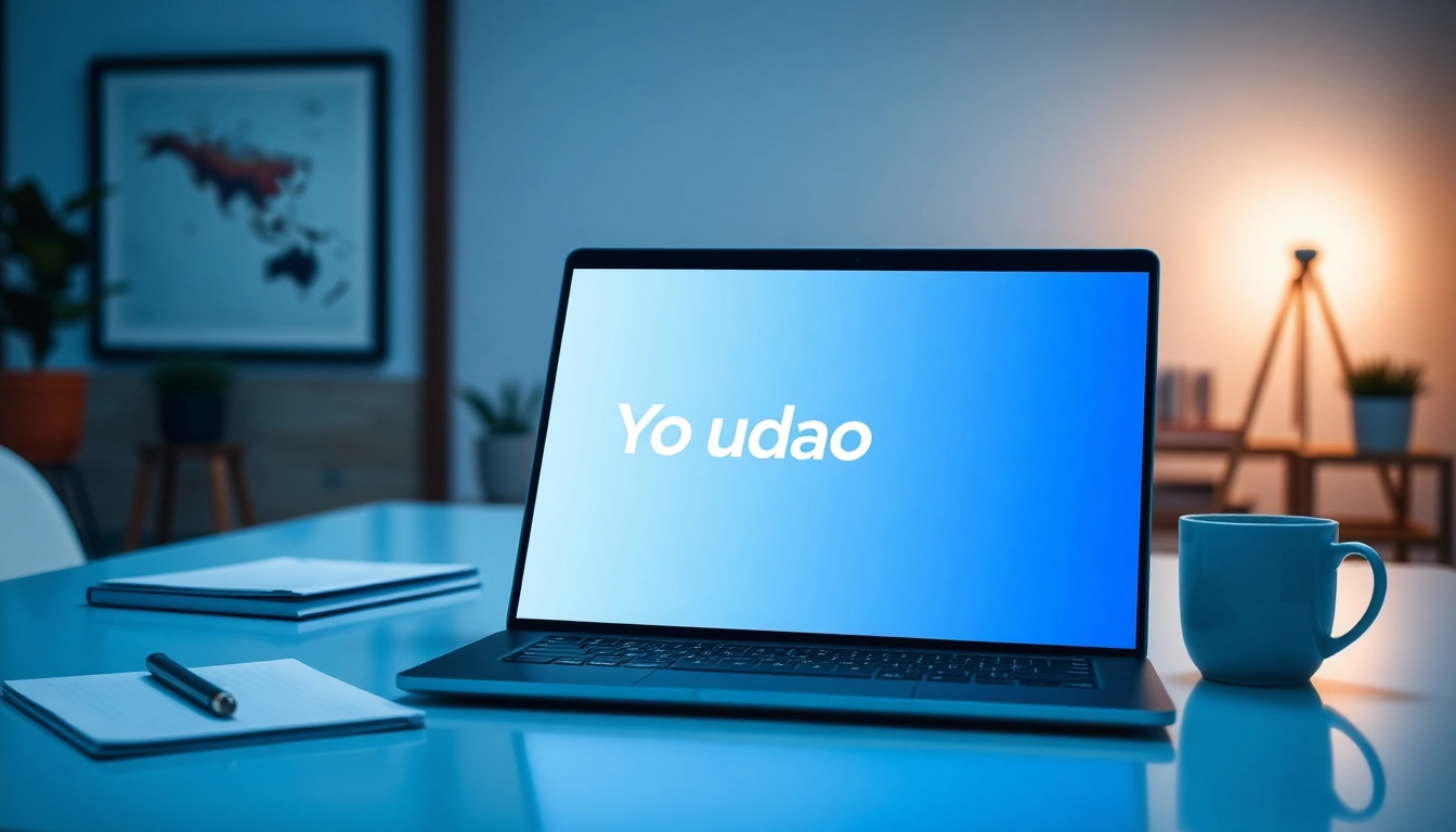 Youdao translation platform interface displayed on a laptop in a modern workspace.