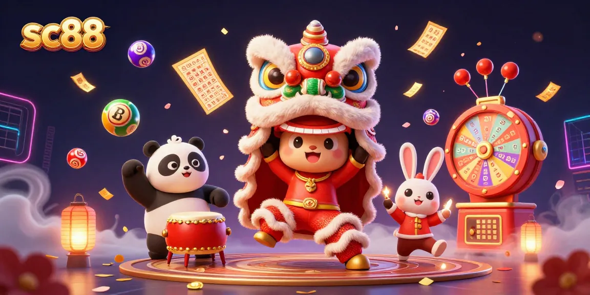 Engage with sc88 through exciting Chinese New Year casino illustration with animated characters and games.