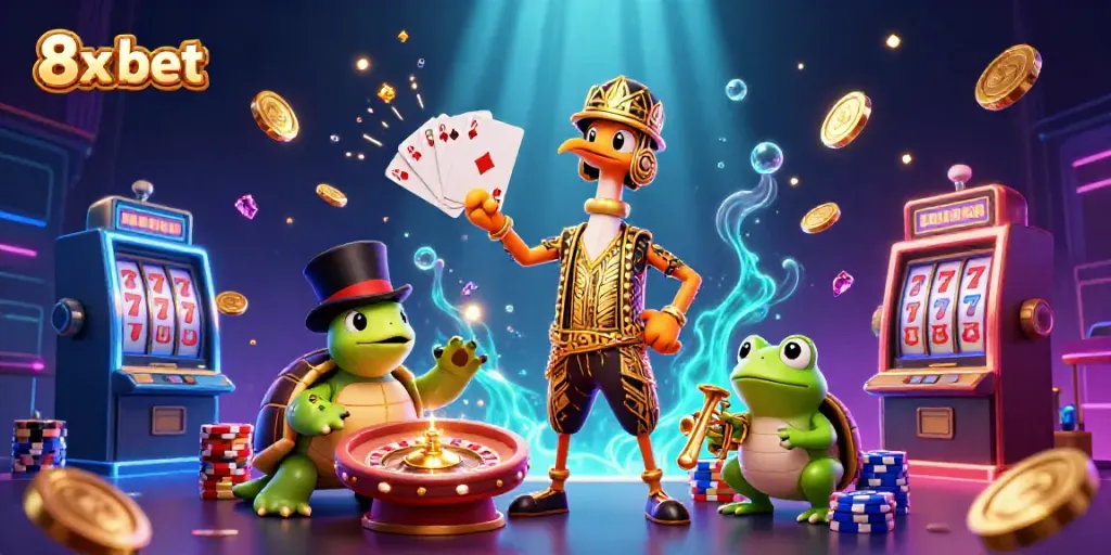 Experience big wins with 8x bet at a vibrant casino, featuring iconic symbols and characters.