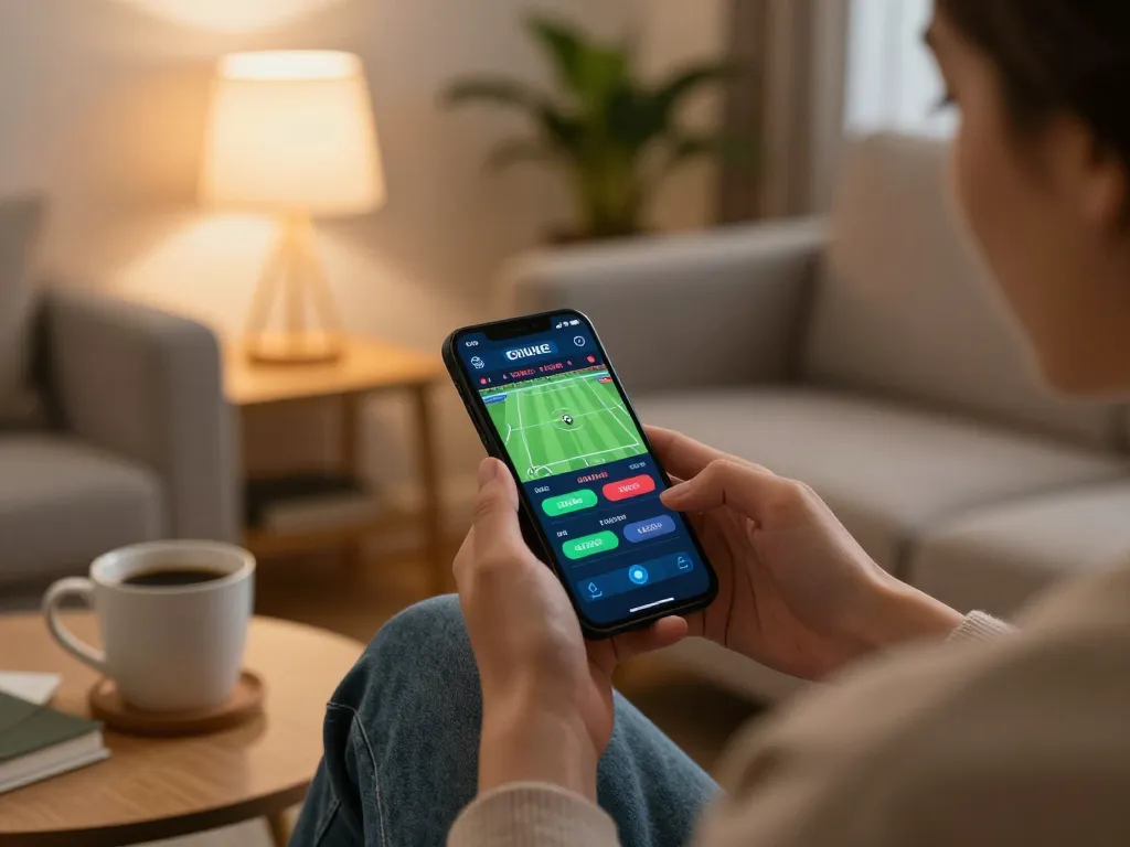 Place bets on 78winbs in a comfortable home setup using a smartphone, cozy atmosphere