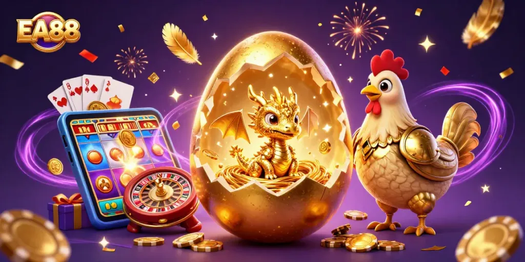 EA88 slots showcase with a magical golden dragon amid poker chips and gaming elements.