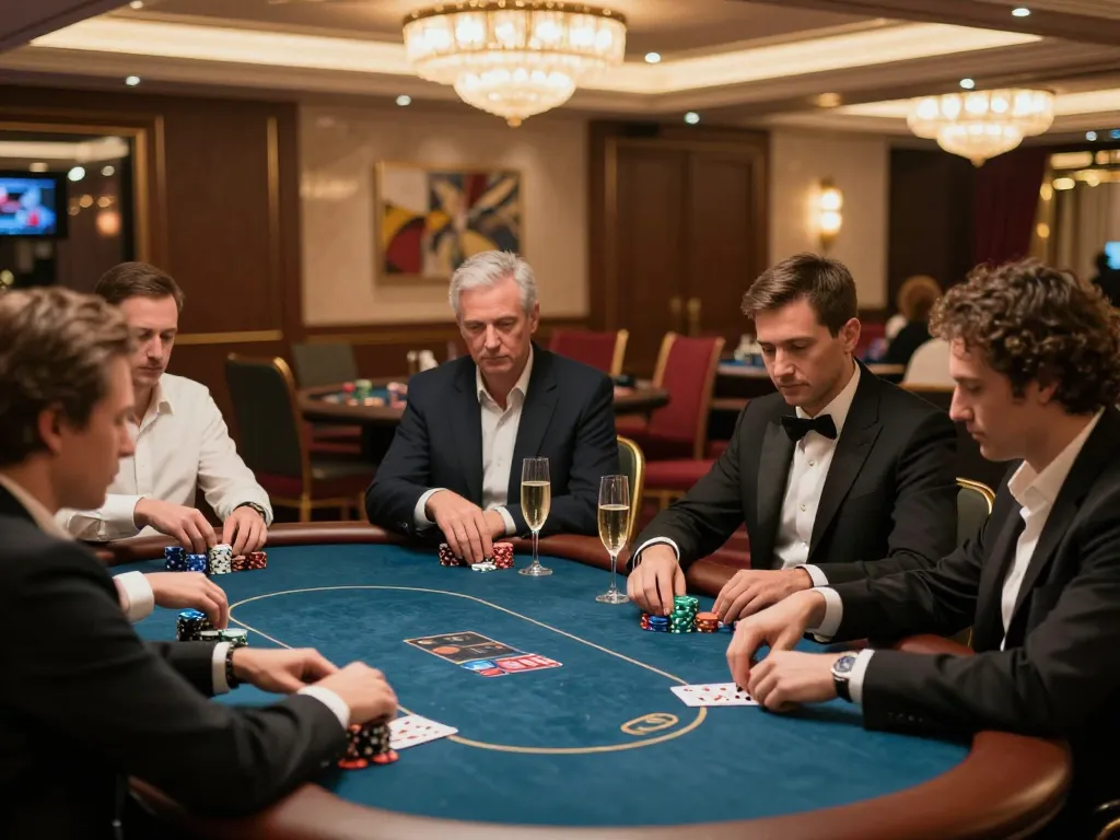 KJC players engaged in a high-stakes poker game in an upscale VIP gaming area, luxurious decor