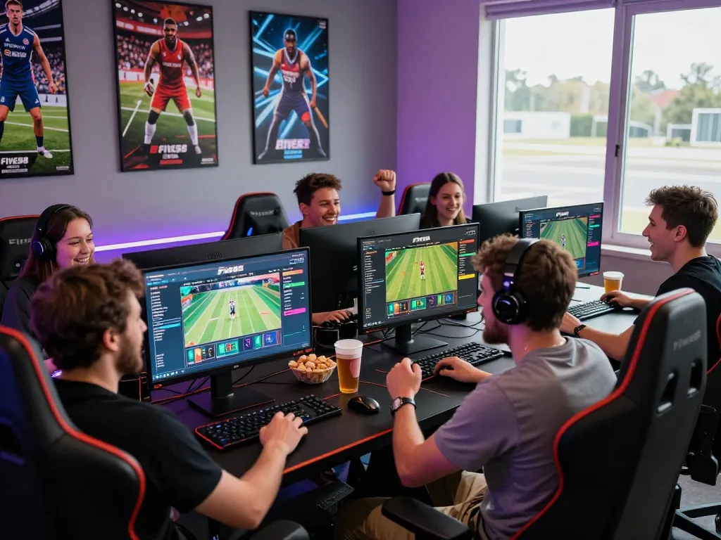 Engaging group enjoying online betting with Link nhà cái Five88 on their screens, vibrant gaming setup.