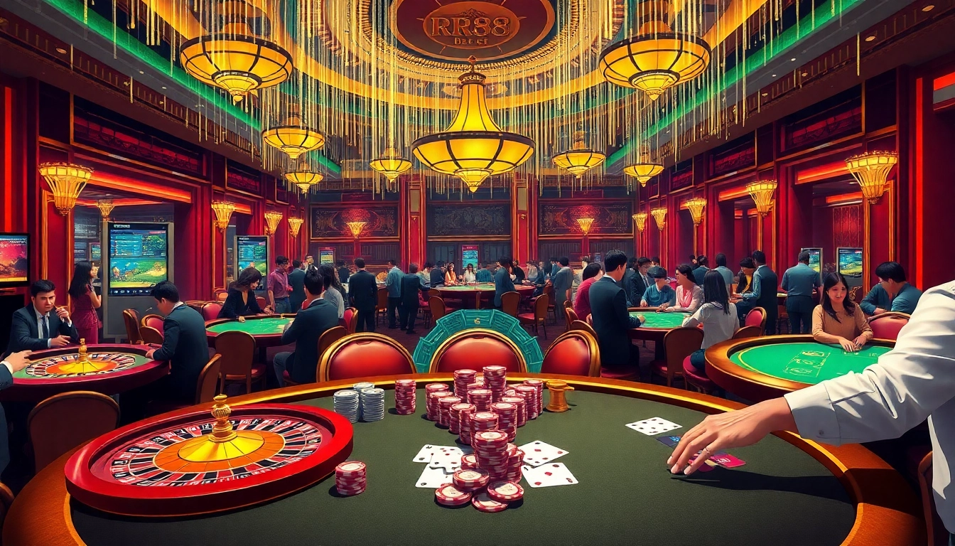 Exciting scene at RR88 bet casino with players engaging at poker and roulette tables.