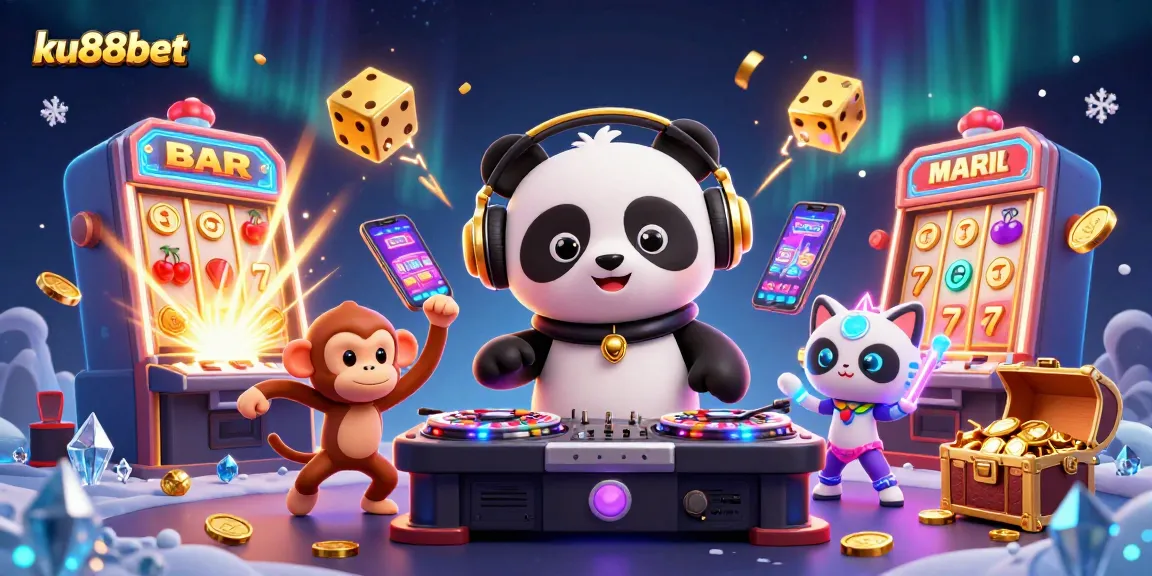 ku88bet showcases a dynamic casino scene with animated characters and vibrant gaming elements.