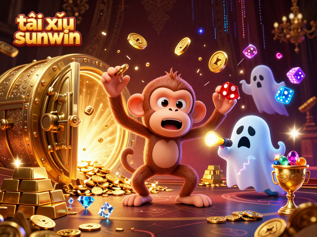 Experience the thrill of tài xỉu sunwin with a playful poltergeist monkey in a haunted casino.