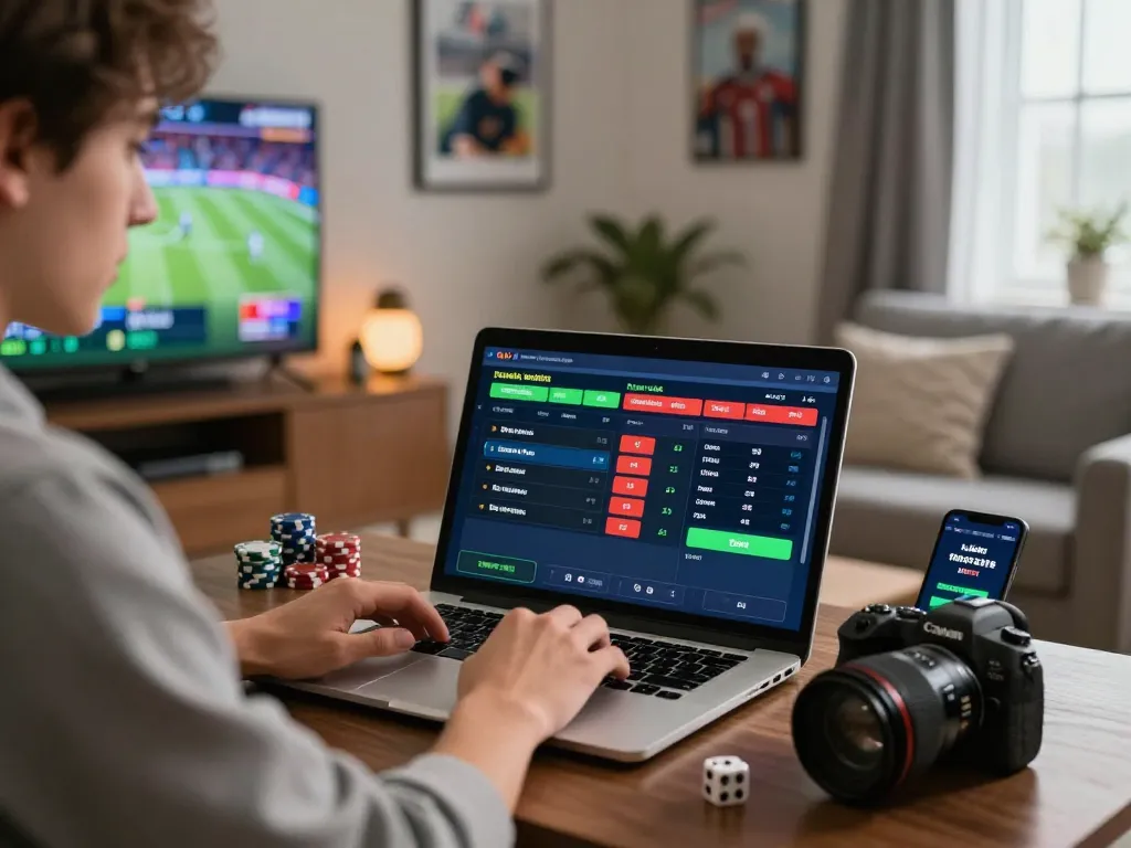 Engaging scene showcasing a user betting online at Link nhà cái Lucky88 in a modern living room.