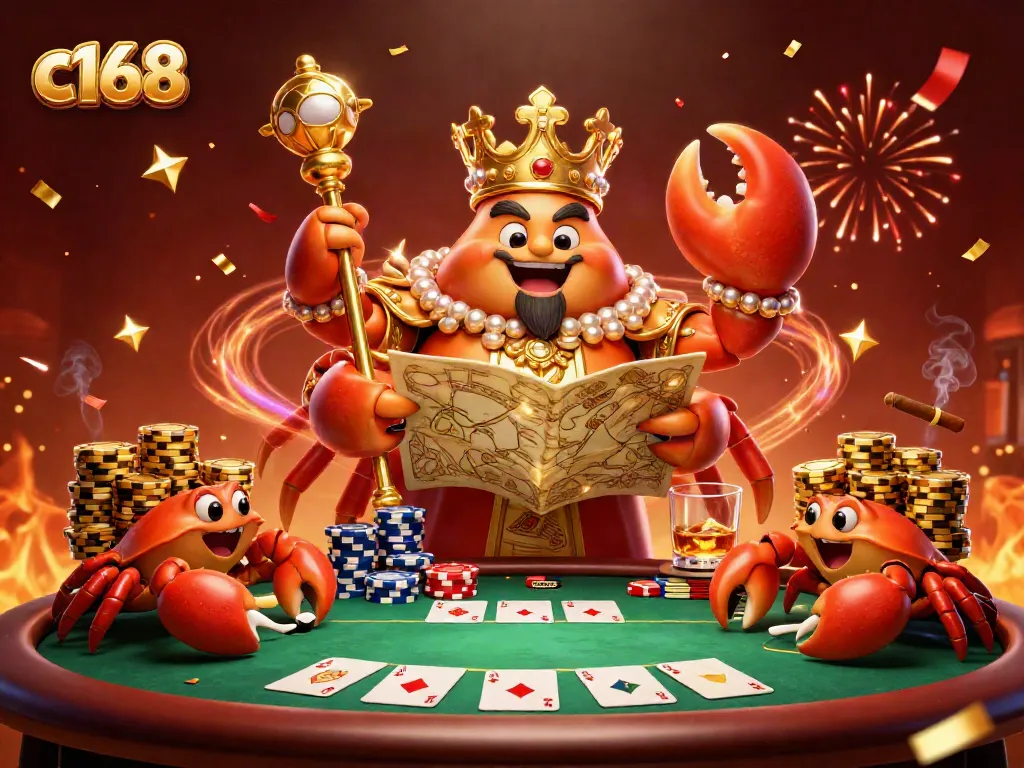 Experience high-stakes gaming with c168, featuring a golden crab emperor amidst vibrant poker elements.