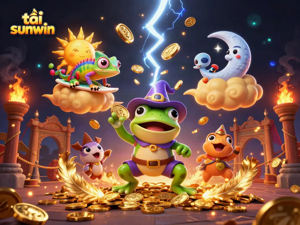 Immerse yourself in the magical world of tải sunwin with golden coins raining down from a wizard frog.