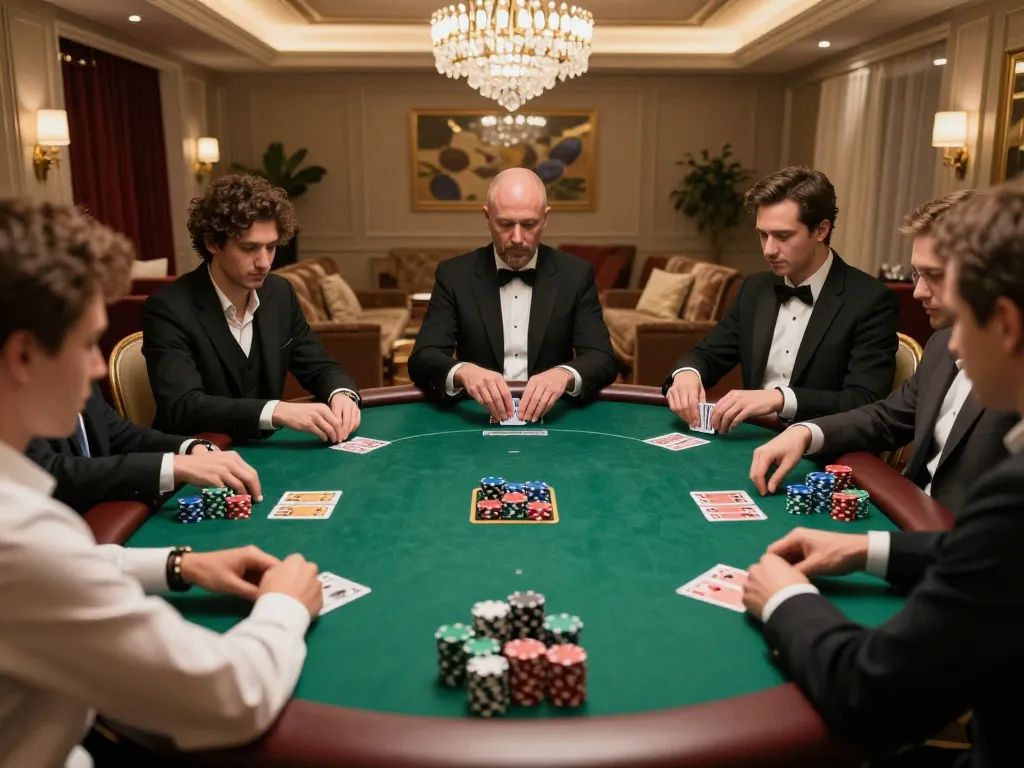 Watch players compete at high-stakes poker table featuring https://va88.moe/ gameplay, vibrant chips, and elegant decor.