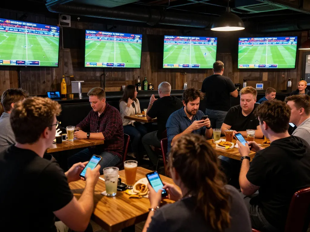 Patrons engaging in lively sports betting at UK88, checking odds on smartphones and enjoying drinks