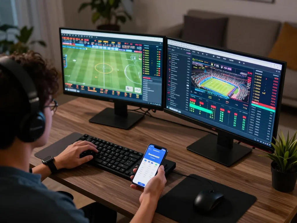 Engaging user analyzing live betting odds on keonhacai5 platform from home office