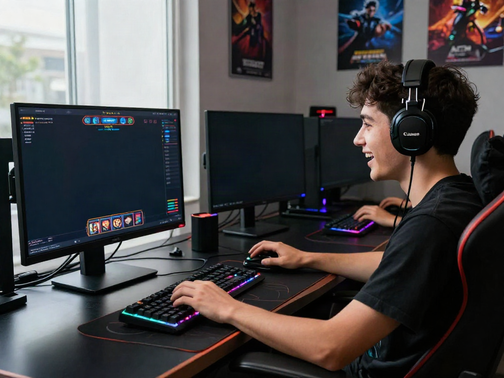 Enthusiastic gamer at desk utilizing 78win com online gameplay on vibrant screen.