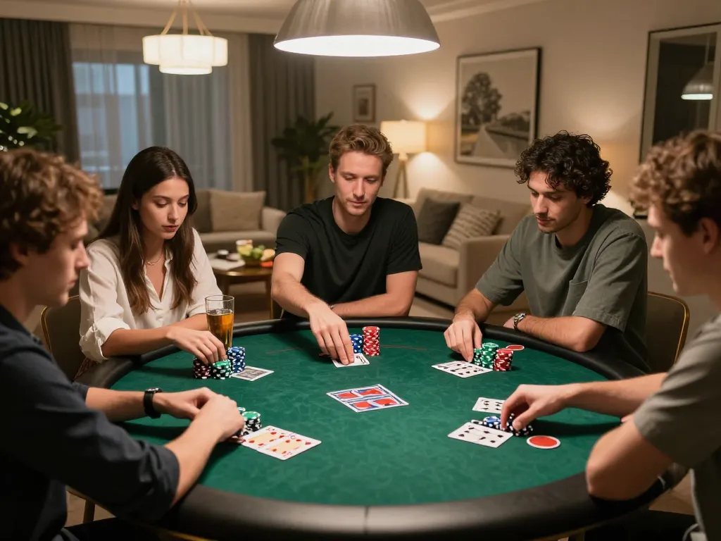 Players enjoy a thrilling poker night at home with a focus on strategies and betting tactics at the nhà cái alo8.