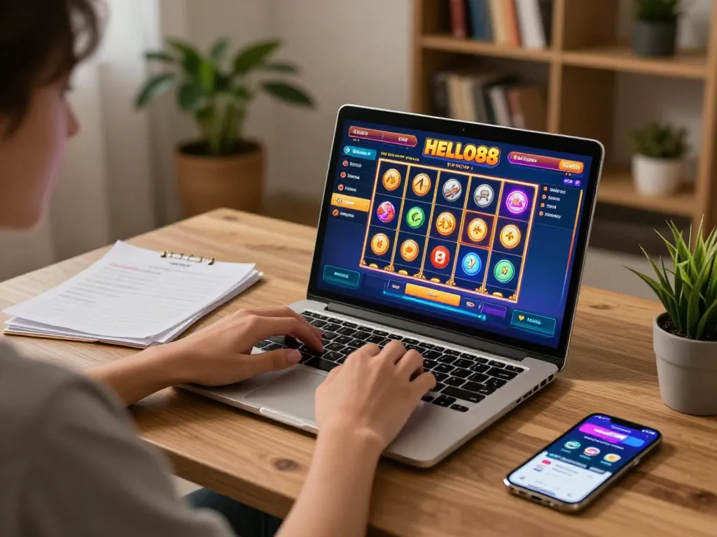 Engaging online gaming experience with HELLO88 casino games on a laptop, showcasing winning moments.
