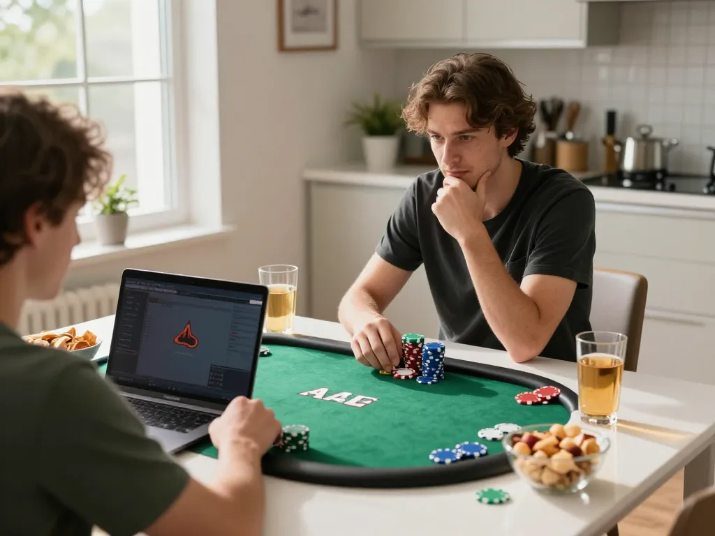 Player enjoying online poker at home with 79king on laptop and colorful chips