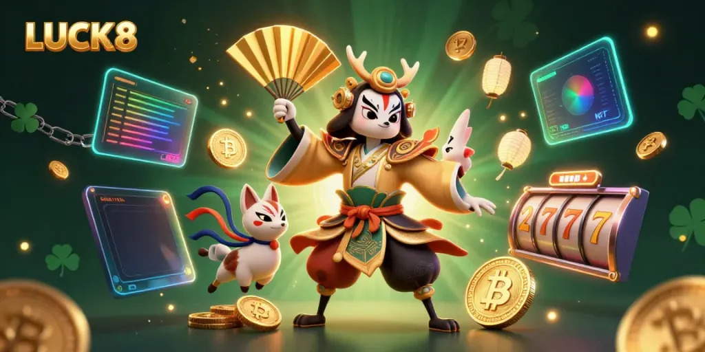 Experience thrilling jackpots and winning spins with LUCK8 in this vibrant casino illustration.