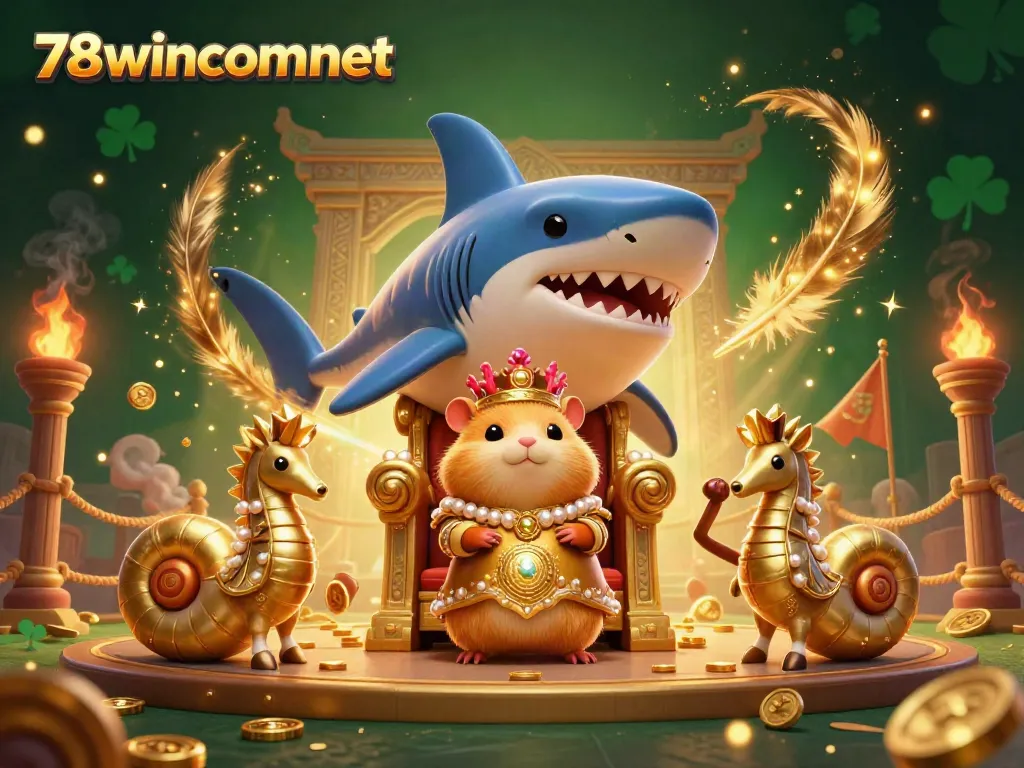Experience the opulence of 78wincom net with a fierce hamster king amidst swirling gold coins and vibrant casino elements.