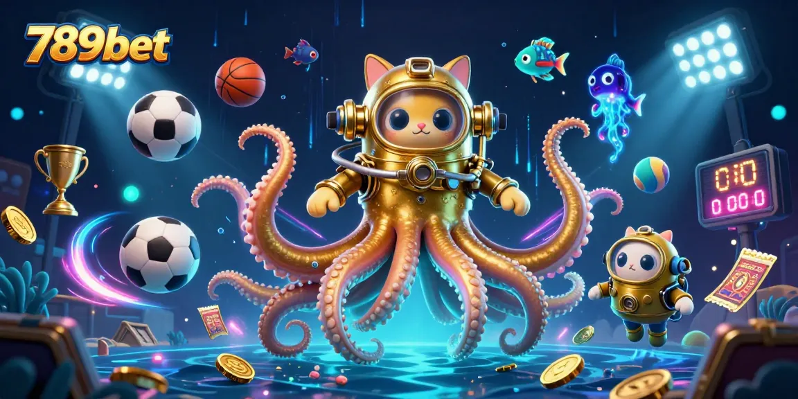 Engage in thrilling gaming at 789bet with a dynamic scene featuring a kraken, diving cat, and vibrant sports elements.