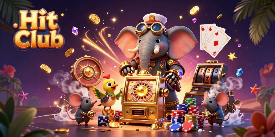 Experience the thrill of Hit Club with a whimsical steampunk elephant, golden slots, and vibrant casino elements.