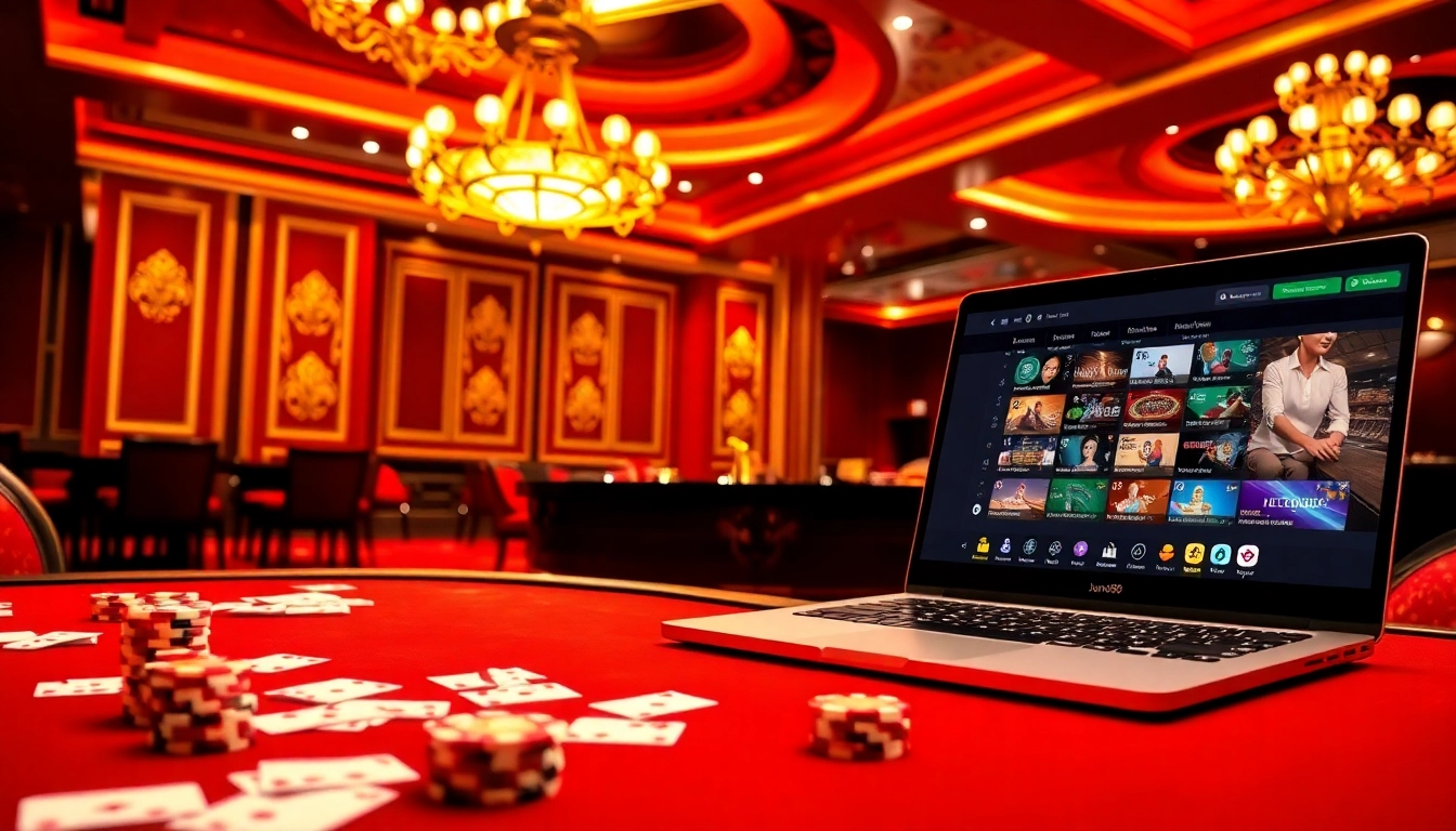 Action-packed gaming scene at Nhà cái Jun88 with vibrant casino elements and online interface.