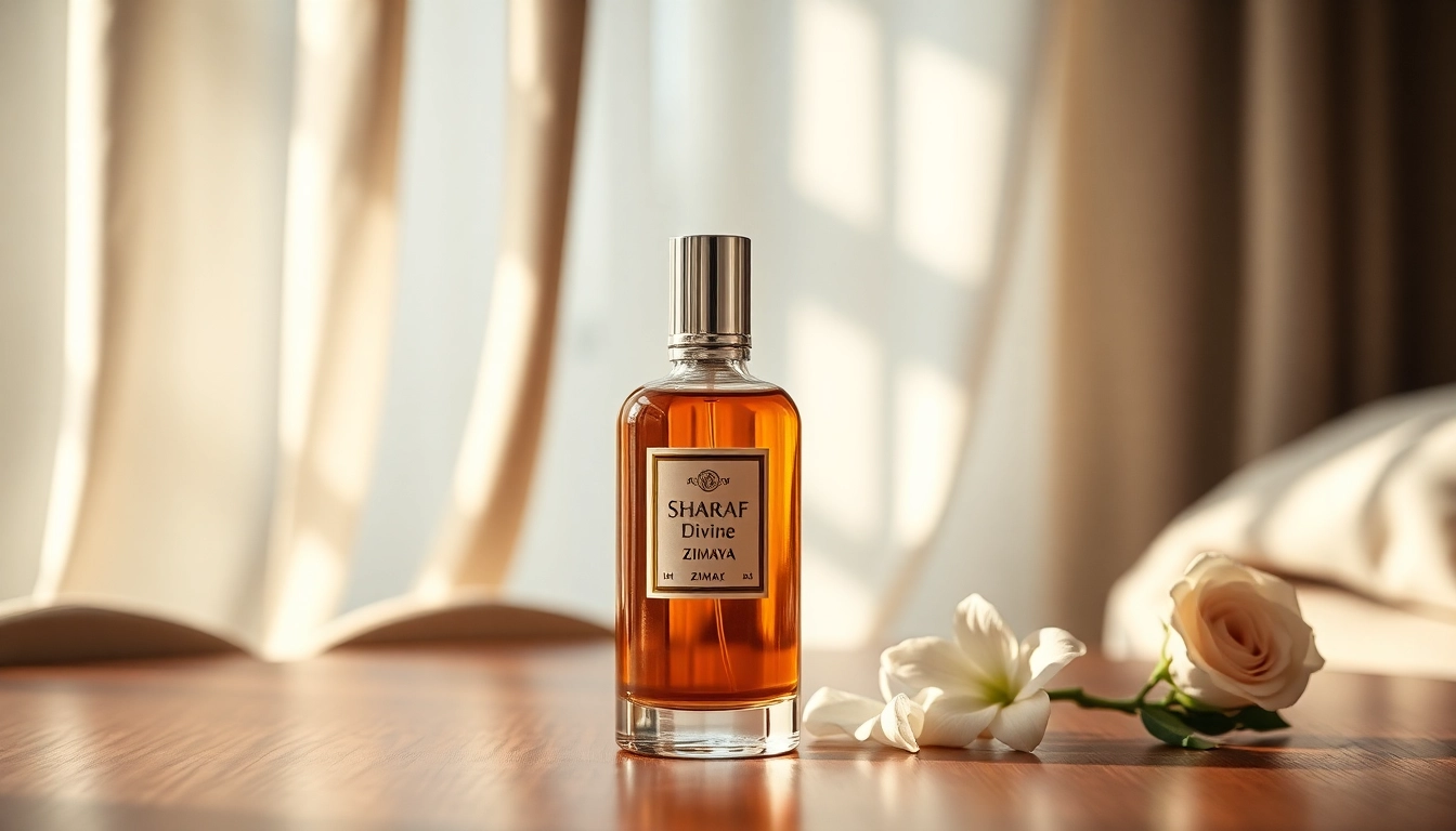 Experience the elegance of Sharaf Divine by Zimaya fragrance presented in a luxurious setting.