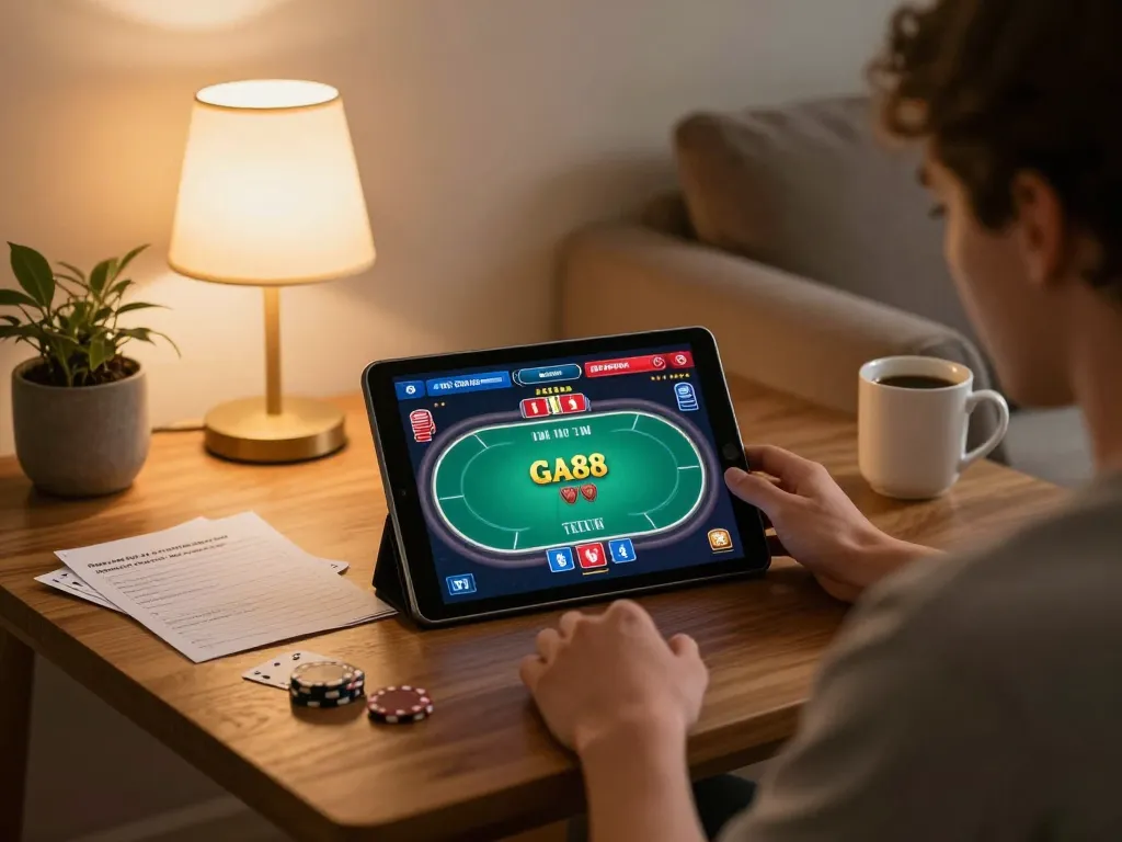 Active player enjoying GA88 poker gameplay on a tablet in a cozy home setting.