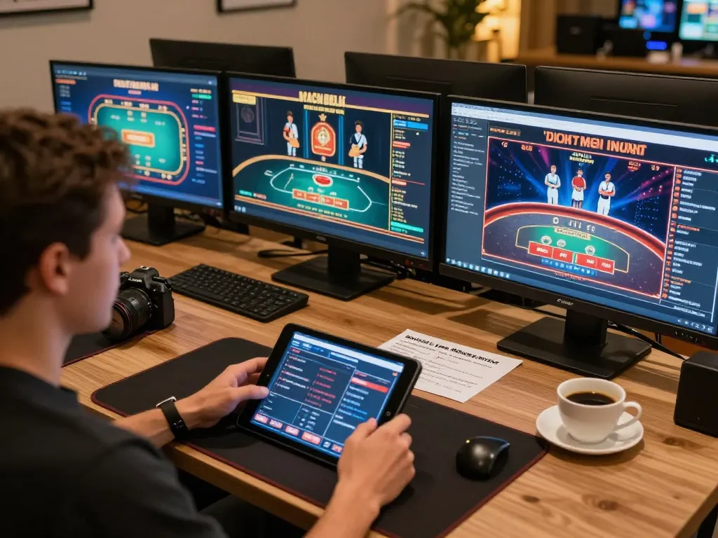 Engaging scene of a gamer using a tablet for vb88 link vào, showcasing online casino gameplay with a strategic edge.