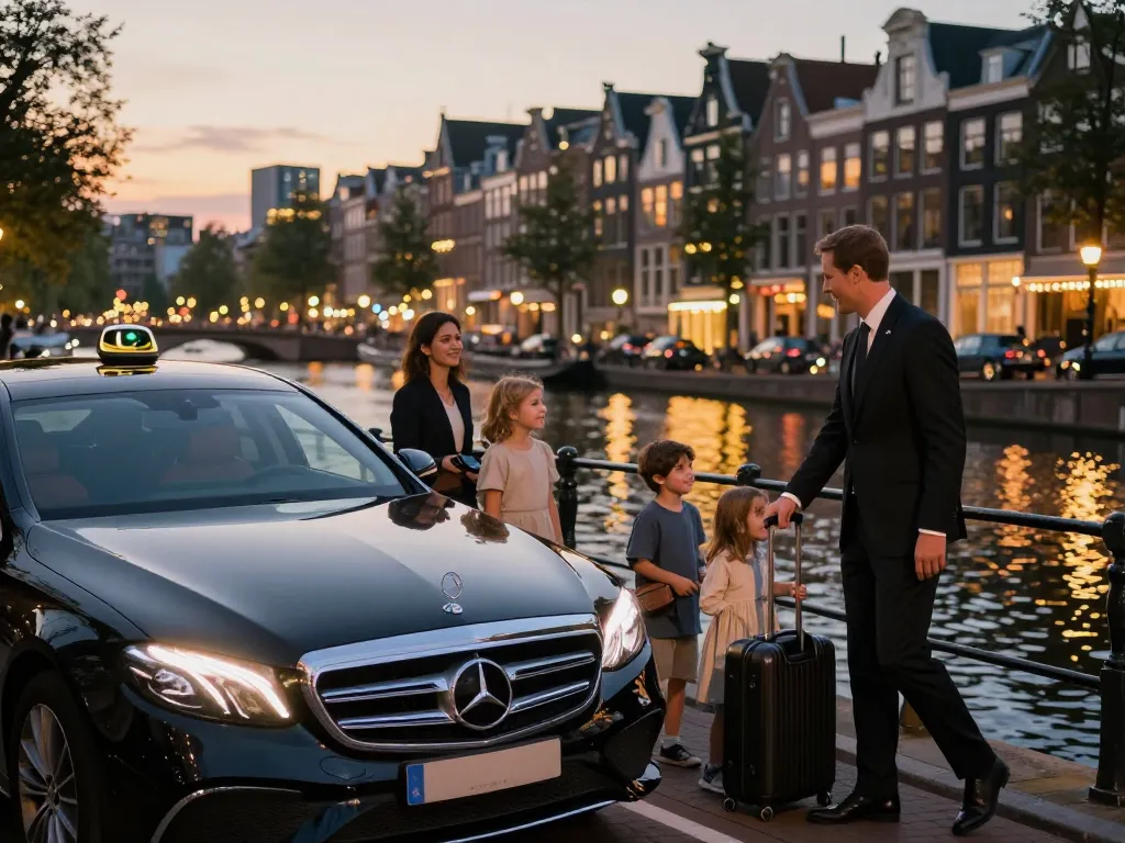Taxi Amsterdam dienst met een gezin dat wordt verwelkomd door een professionele chauffeur in een luxe voertuig aan een kanaal.