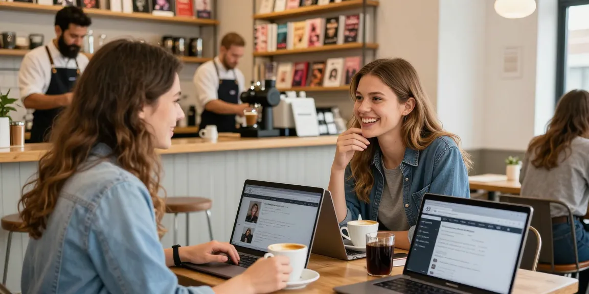 f168dating couple enjoying coffee while exploring profiles in a cozy cafe
