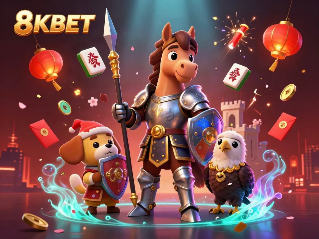 Experience exciting gaming with 8KBET in a vibrant 3D casino scene featuring knights and festive elements.