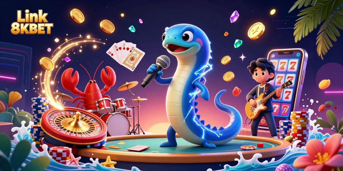 Experience exciting gameplay with Link 8KBET in this dynamic underwater casino scene featuring a DJ electric eel.