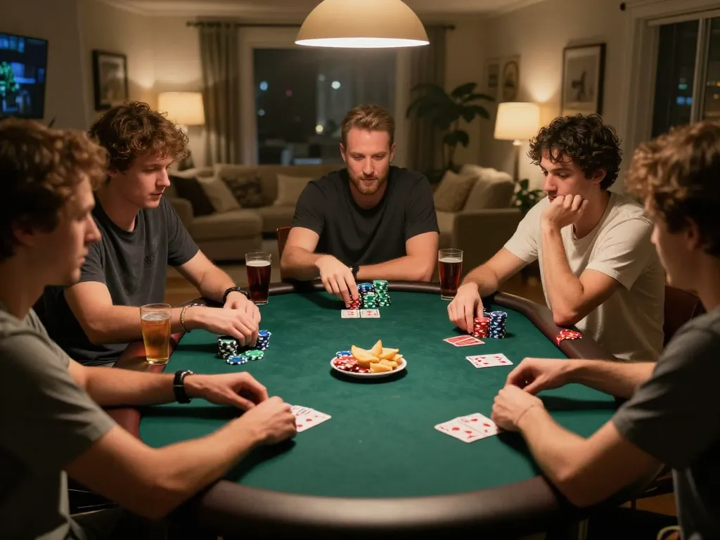Players enjoying a lively poker night with 9BET chips and cards in center stage
