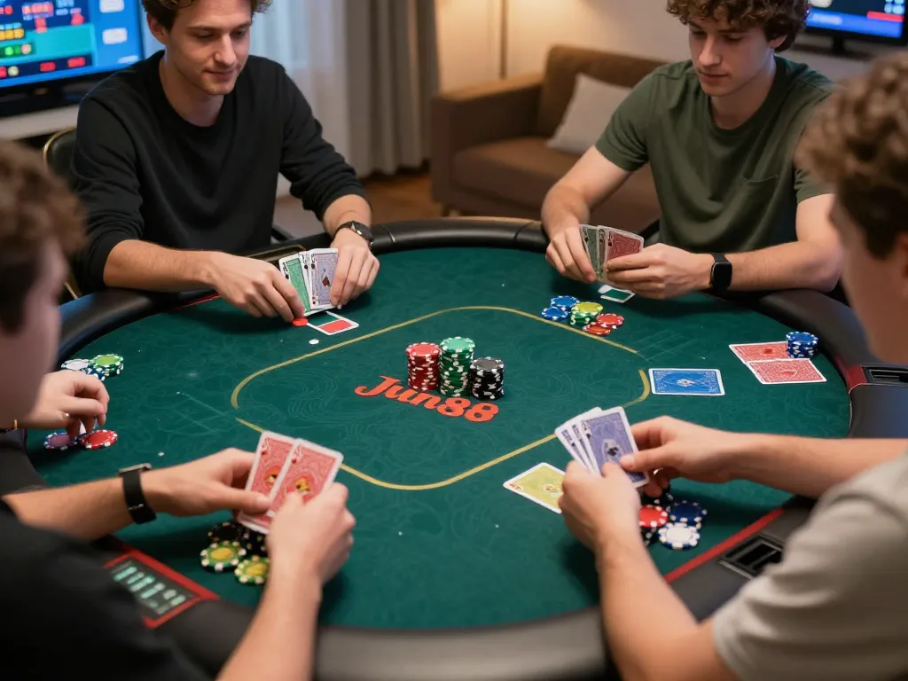 Engaging poker gameplay showcasing Nhà cái Jun88 online gaming experience with colorful interface.