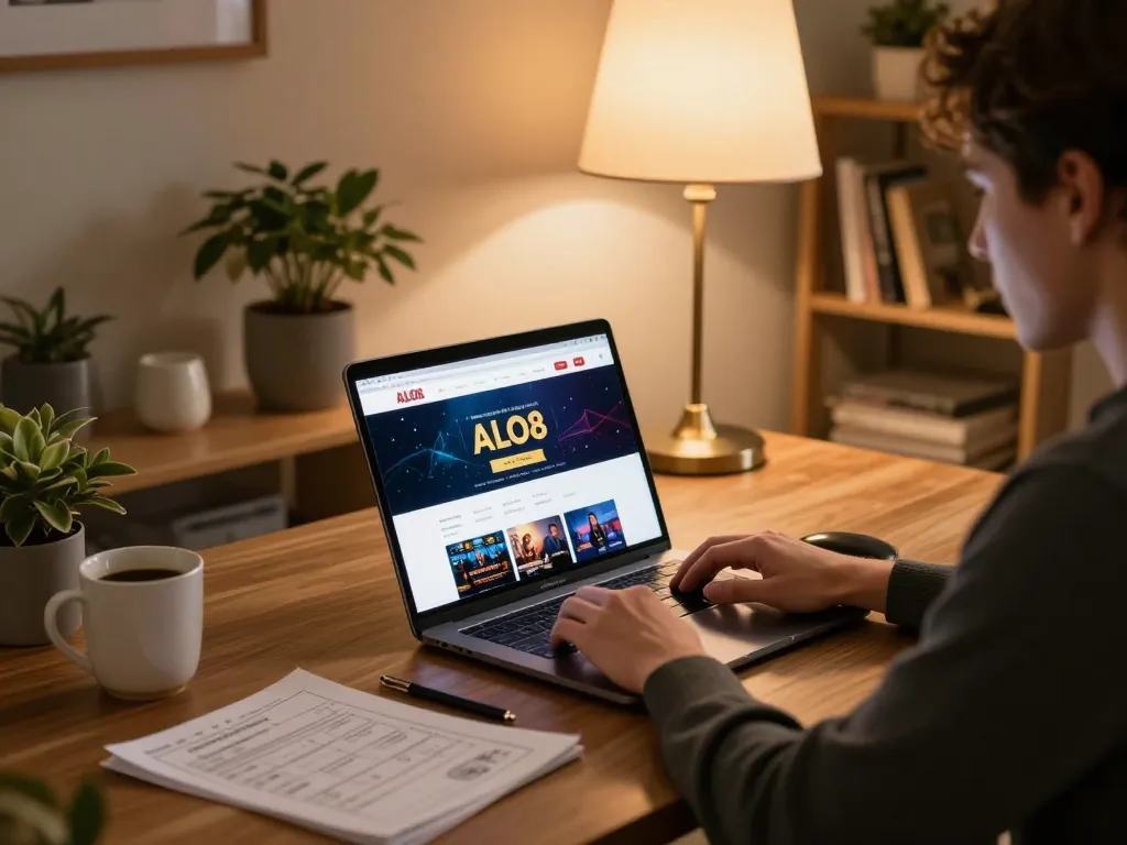 Player engaging with ALO8 online casino at home, showcasing interactive gaming setup