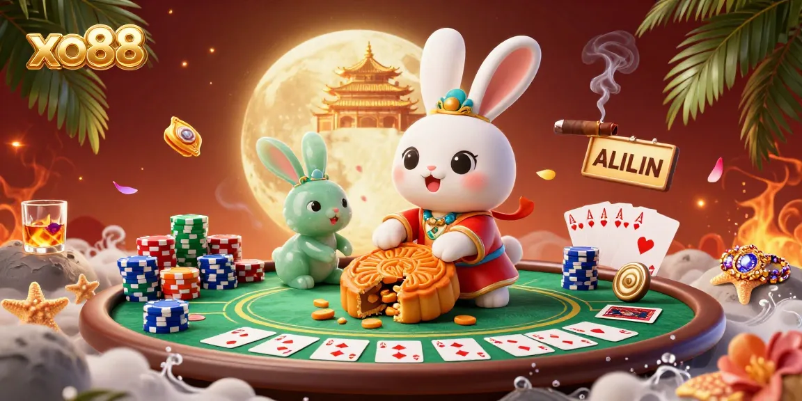 Enjoy thrilling poker action with xo88 as a moon rabbit and companions celebrate on the lunar surface.
