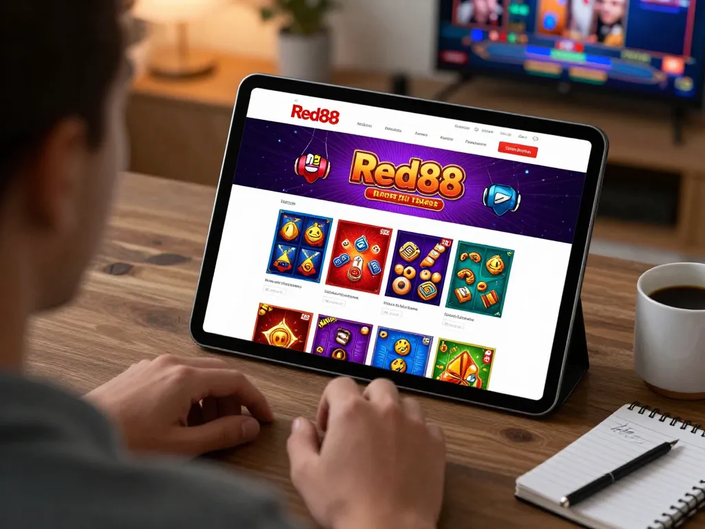 Engaged player navigating the Website Red88 online casino interface from a comfortable setup
