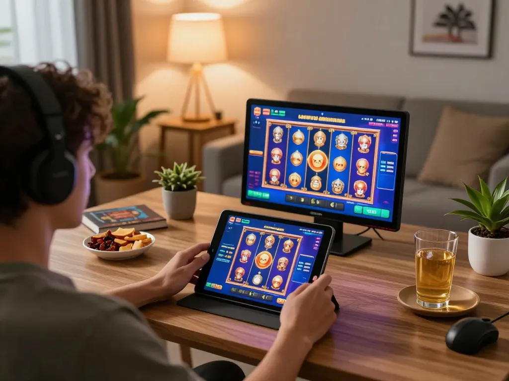 Engaging online gaming with max88s on a tablet, showcasing vibrant slot machine graphics and responsible entertainment.