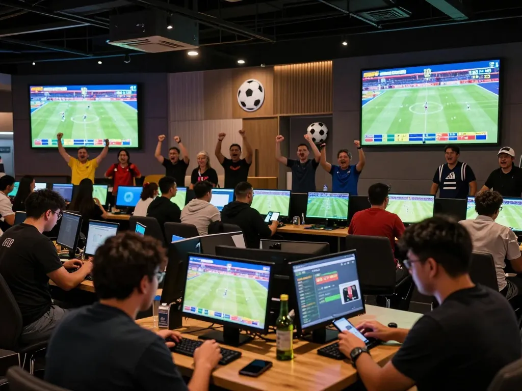 Fans placing bets on bola piala dunia 2026 matches in a bustling sports betting venue