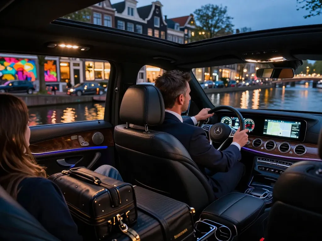 Taxi Amsterdam-service met een luxueuze Mercedes-auto en een professionele chauffeur in actie met uitzicht op de stad.