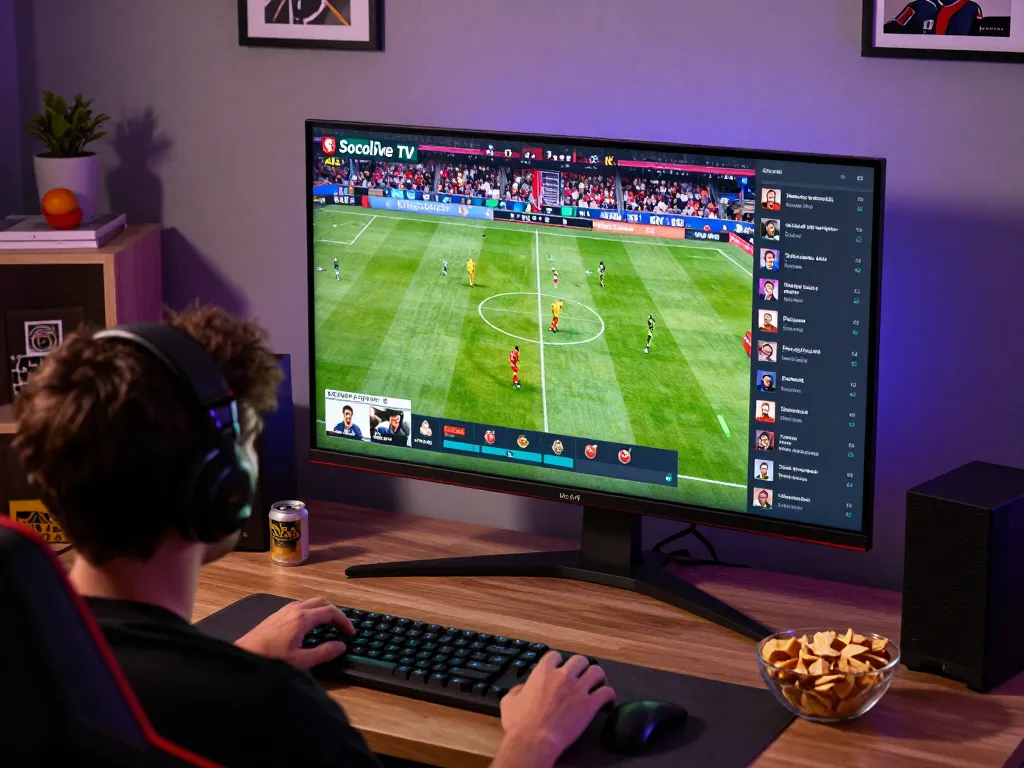 Socolive TV streaming a live football match with viewers engaging in chat, cozy home atmosphere