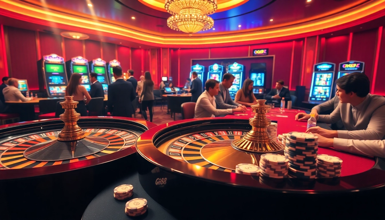 Gamblers enjoying a thrilling casino experience with GG88-themed table games and slot machines.