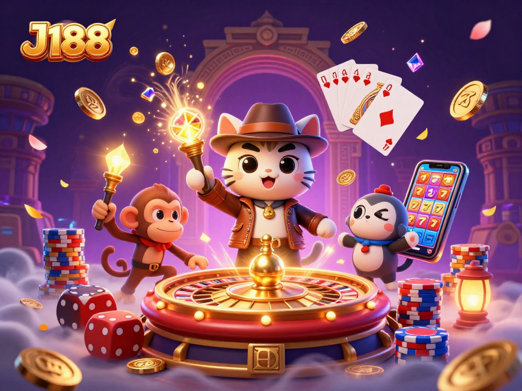 Experience the vibrant J188 casino adventure with golden coins, cards, and a thrilling dynamic scene.