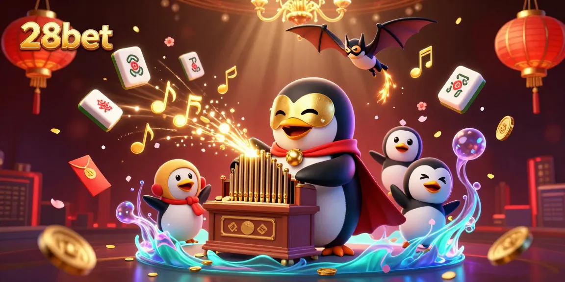 Experience thrilling gameplay with 28bet as the penguin plays a magical organ while winning coins shower down.