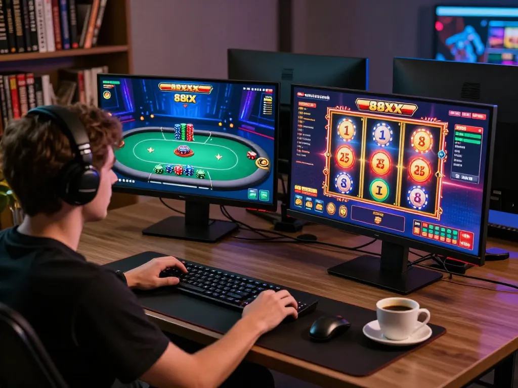 Player engaging with diverse games on the 88xx platform in a modern home office setup.